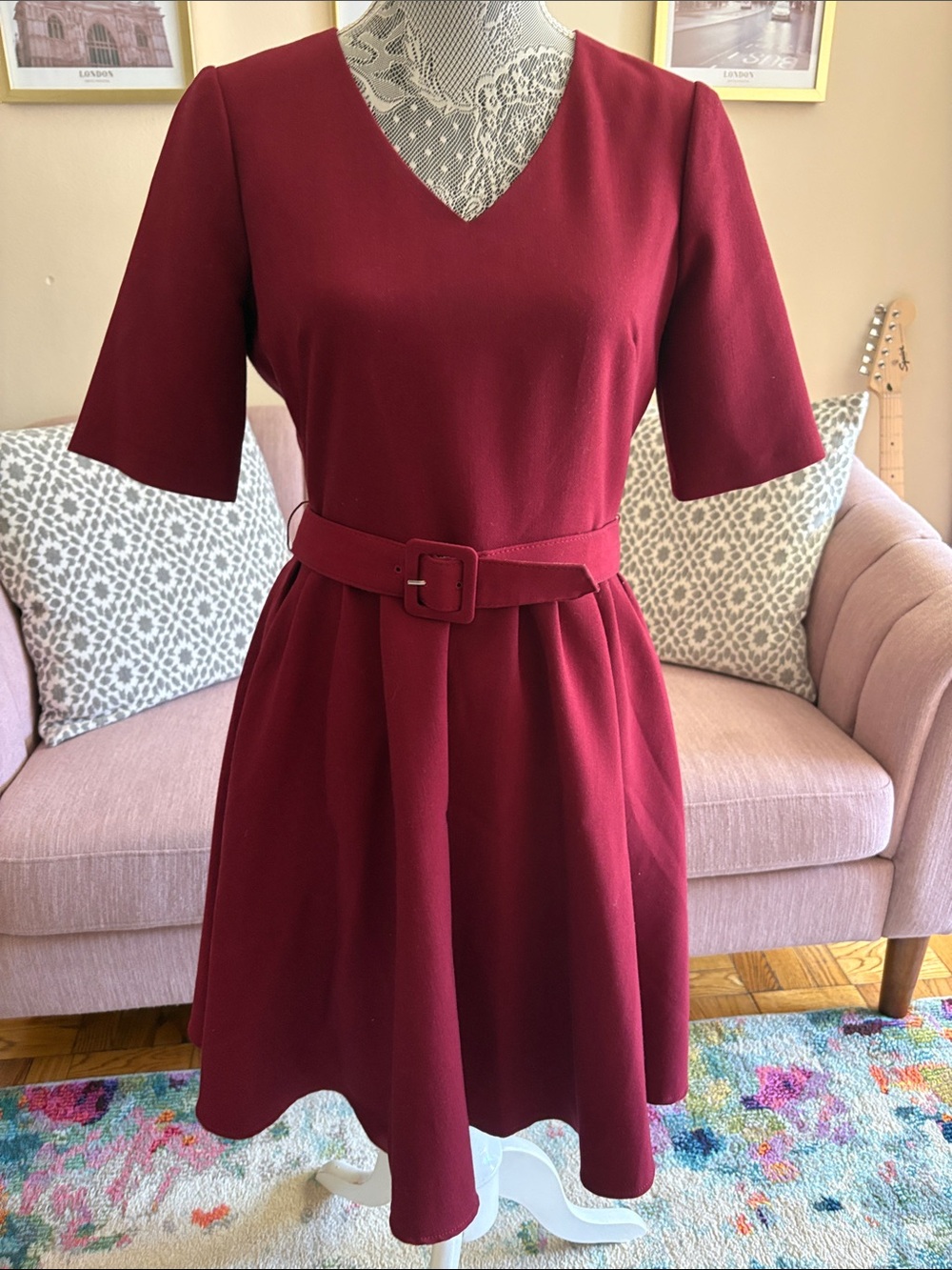 Gal Meets Glam V-Neck Belted Fit-and-Flare Clara Dress in Burgundy